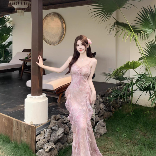 MEI ZI 美姿-必入度假风高级感气质提花荷叶边吊带鱼尾长裙连衣裙