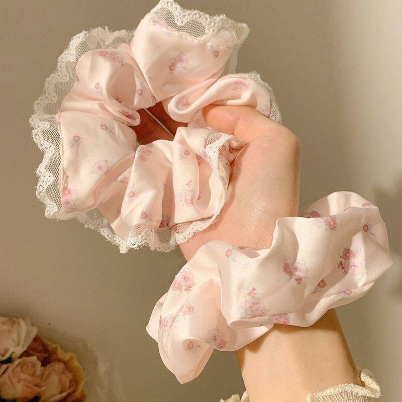 奶油芝芝~粉色蝴蝶结缎面方巾大肠发圈女高级感韩系甜美头绳发饰