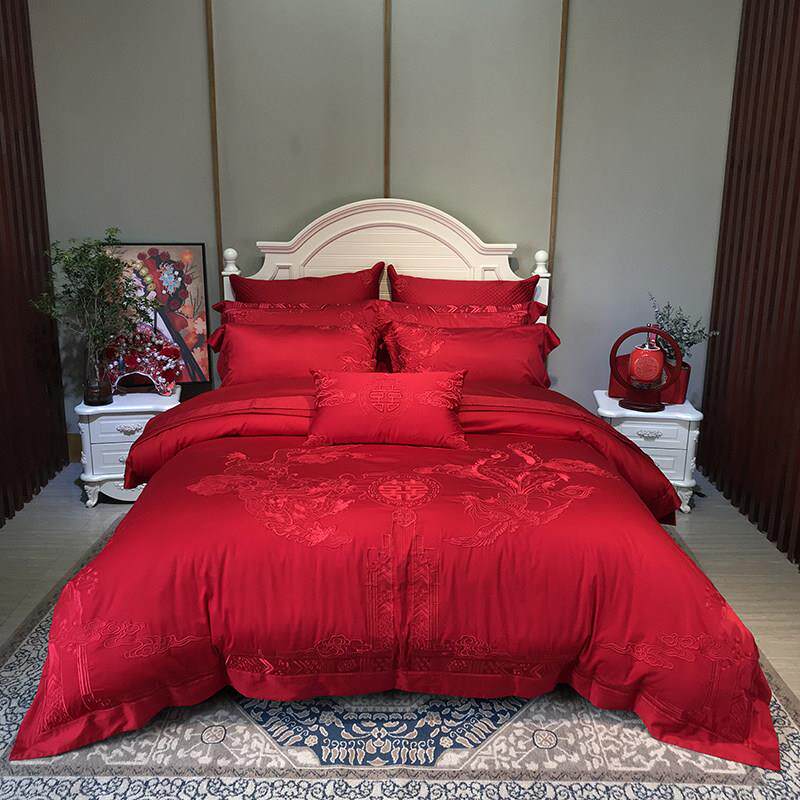 高端140支匹马棉刺绣四件套全棉大红色婚庆龙凤结婚被套新婚床品