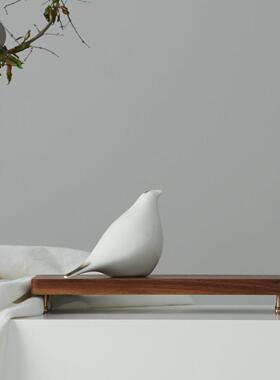 现代简约新中式陶瓷小鸟摆件根雕禅意创意摆件客厅动物装饰品桌面