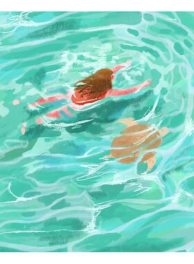 【特惠捡漏】插画 画师Subin覆刻艺术品挂画 画清新蓝色游泳池装