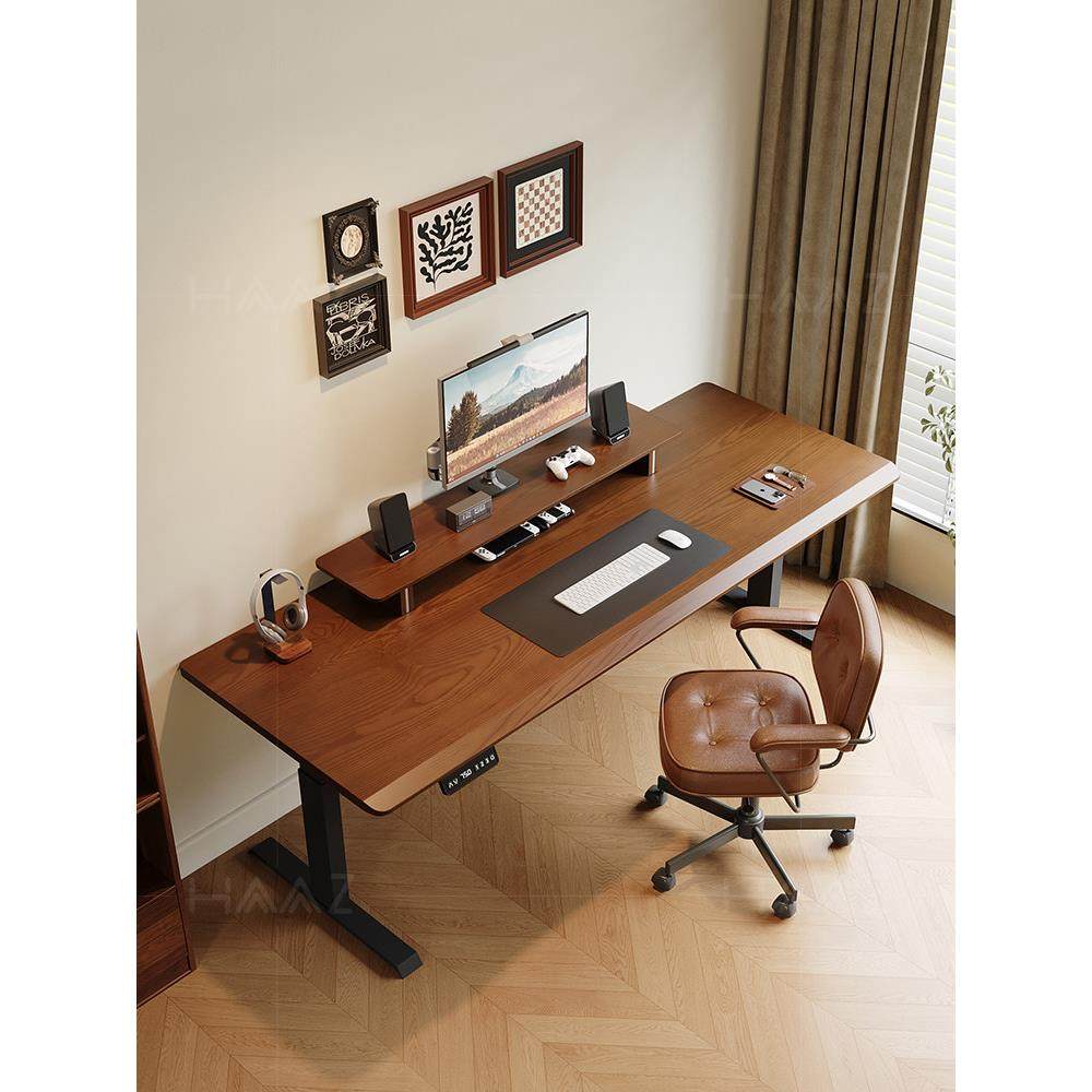 可调节高度电脑桌实木家用学习书桌移动胡桃木色2米长电动升降桌