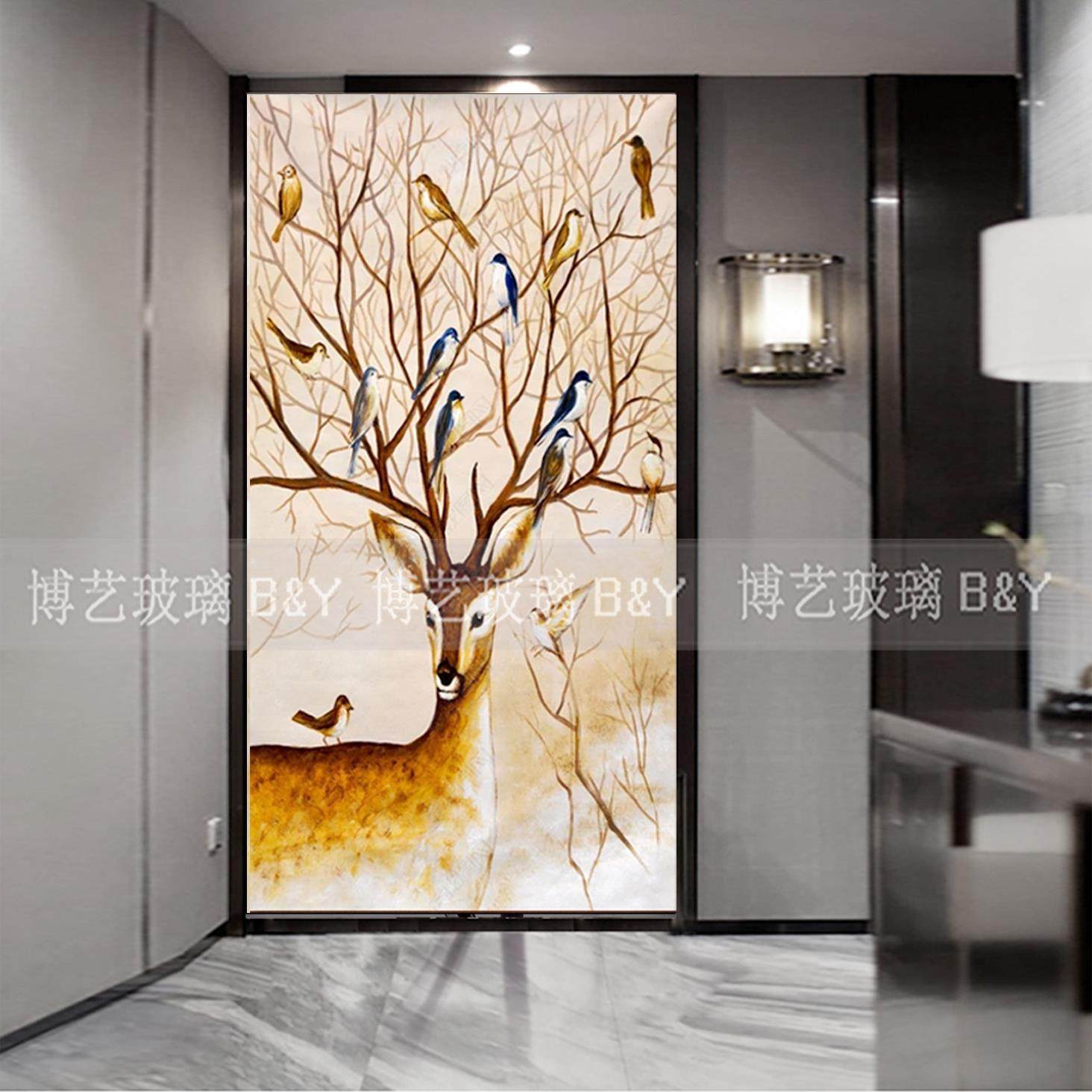 艺术玻璃玄关别墅北欧风格电视背景墙屏风过道简约鹿鞋柜沙发背景