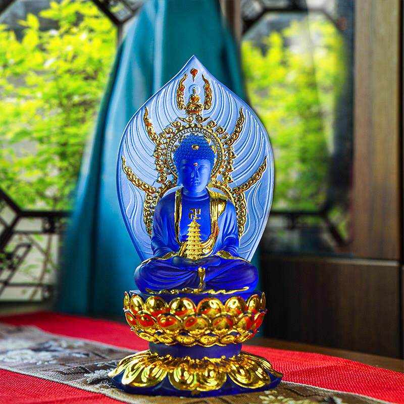 精品水琉璃贴金工艺药师佛像家用佛堂供奉药师琉璃如来像祝福摆件