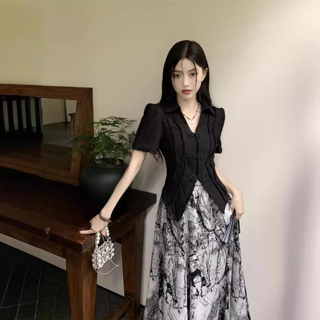 大码新中式国风套装短袖衬衫女夏季水墨半身裙子设计感温柔两件套