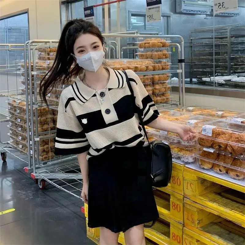 polo领短袖T恤女设计感小众夏季chic港味宽松针织短款上衣服ins潮