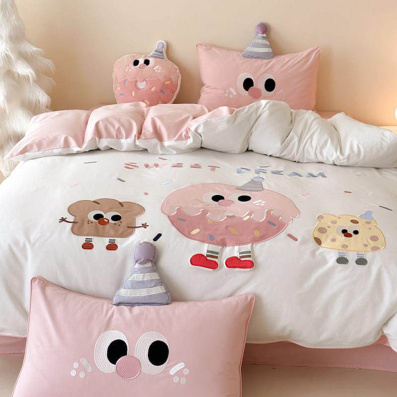 少女心甜甜圈卡通秋冬加厚暖乳丝绒四件套法兰绒珊瑚绒床上用品