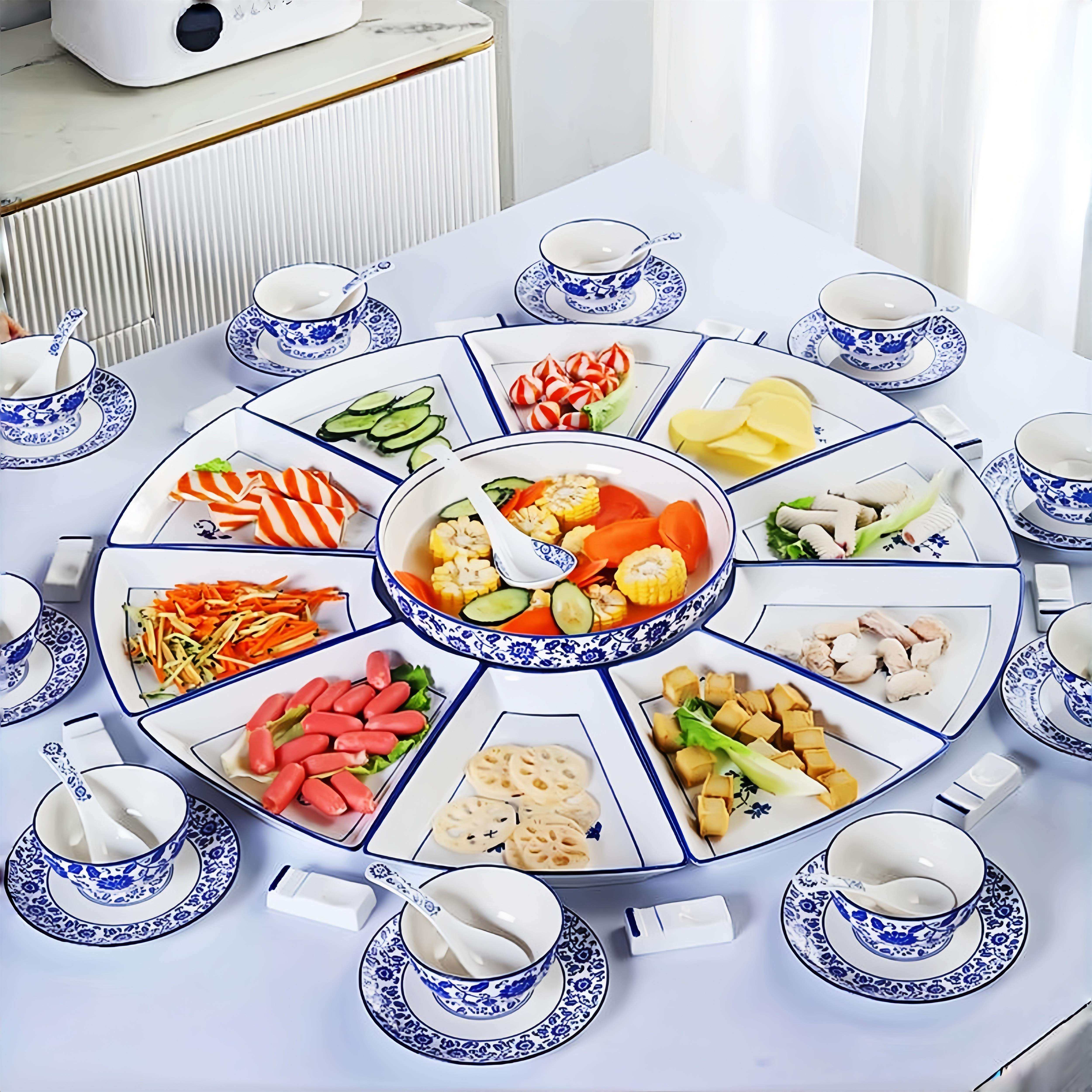 新中式青花拼盘餐具组合套装团圆饭拼盘创意摆盘家用菜盘子炒菜盘