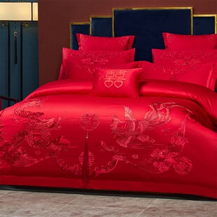 中式 200支长绒棉结婚四件套红色100纯棉全棉被套六八件套婚庆床单