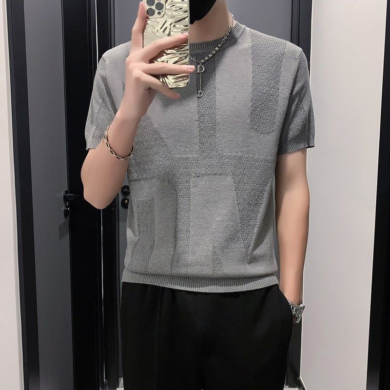 白色针织短袖男款秋季西装内搭白色高级感T恤圆领提花毛衣打底衫