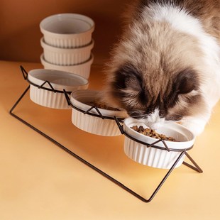 猫碗狗碗猫咪三连碗陶瓷宠物猫食盆饭猫粮碗多碗多猫喝水碗铁架子