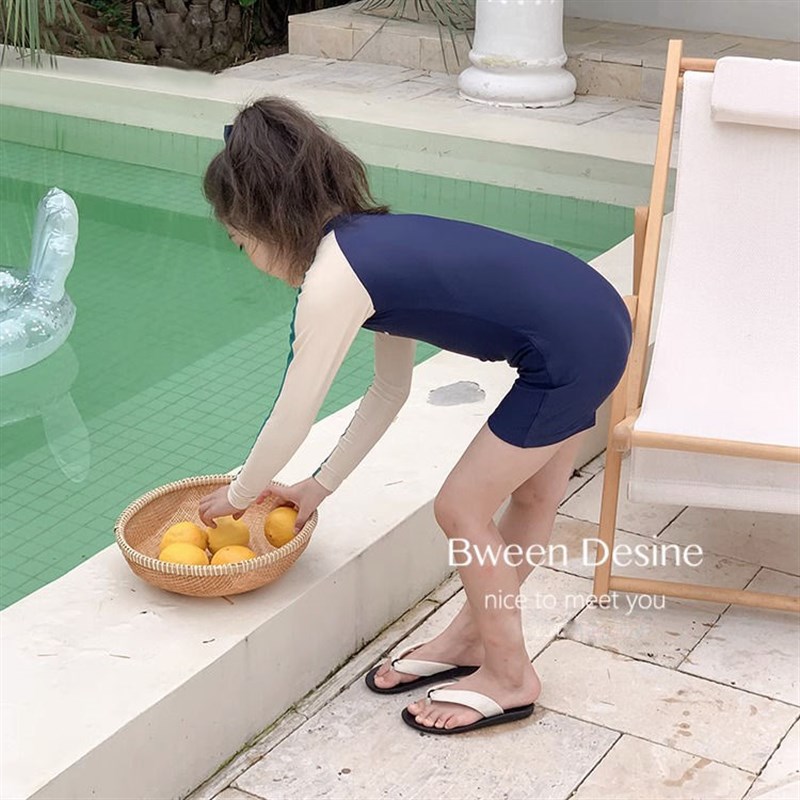 儿童泳衣长袖夏季2024新款小女孩撞色韩国网红风时髦女童连体泳装