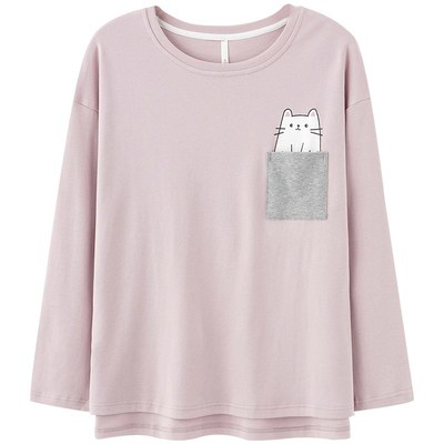 睡衣单件上衣女纯棉长袖圆领全棉打底衫宽松家居服上装春秋可外穿