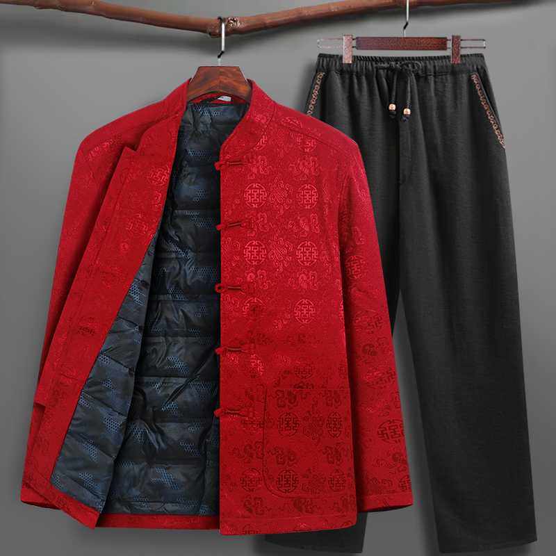 中国风唐装男士中老年羽绒服爸爸冬装外套老人生日过寿星爷爷套装