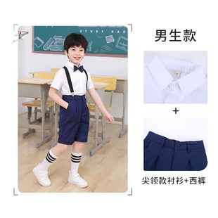 子套装 黑色裤 小女孩红蓝百褶短裙六一表演校园班服 短袖 儿童白衬衫