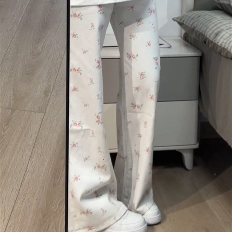 白色碎花微喇牛仔裤女夏季薄款2024新款小个子窄版高腰直筒阔腿裤