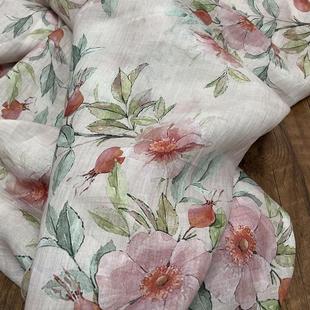 布久以逅高支高密数码 山北 印染布料苎麻花朵图案面料女装 新面料