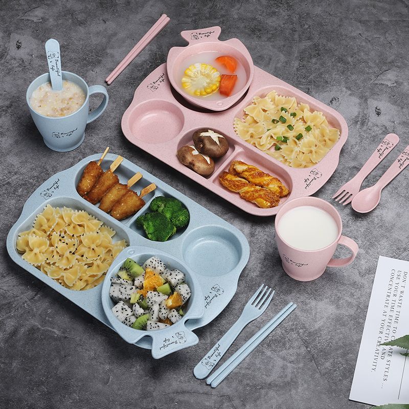 儿童餐盘幼儿园午餐分格宝宝防摔吃饭小麦秸秆汤碗水杯餐具套装