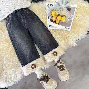 万圣节女童裤子加绒牛仔裤秋冬装儿童一体绒加厚宝宝冬天休闲冬季