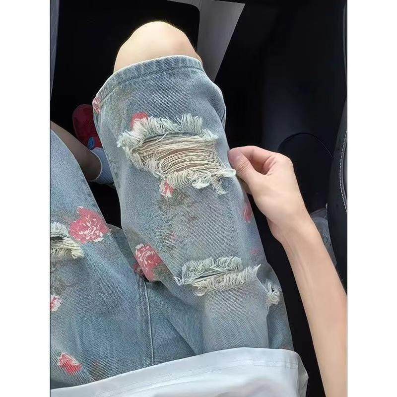 方少花卉破洞牛仔短裤男女