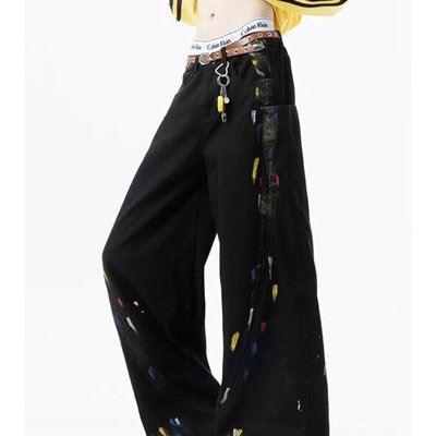 涂鸦牛仔裤男生直筒宽松阔腿裤