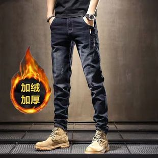 直筒潮牌休闲裤 弹力修身 子秋冬款 大码 加绒男士 加厚保暖长裤 牛仔裤