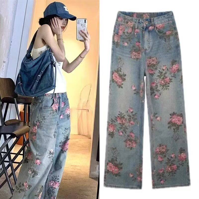 美式玫瑰提花牛仔裤男女同款