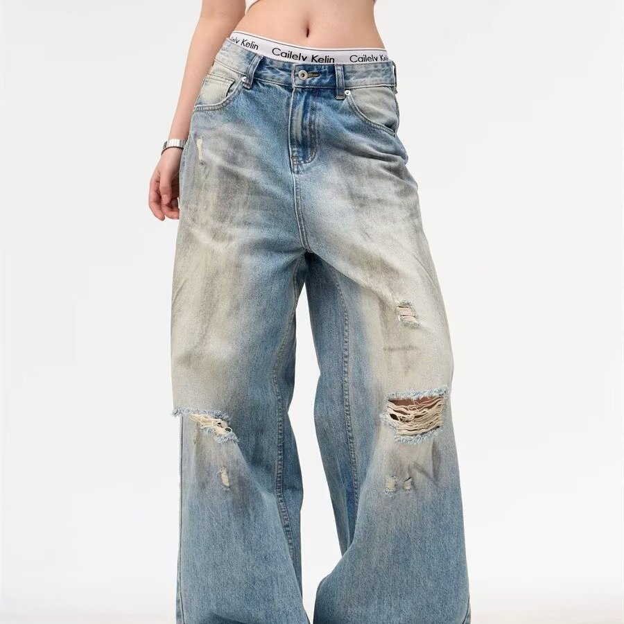 美式复古水洗脏旧破洞牛仔裤男女