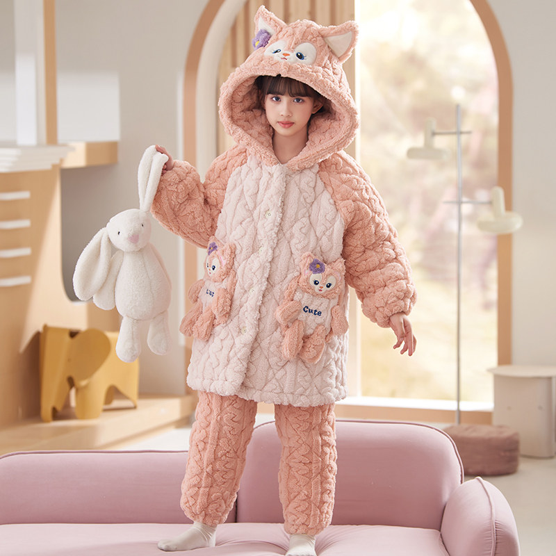 女童三层夹棉睡袍套装儿童睡衣秋冬款2023新款女孩冬季加绒加厚款