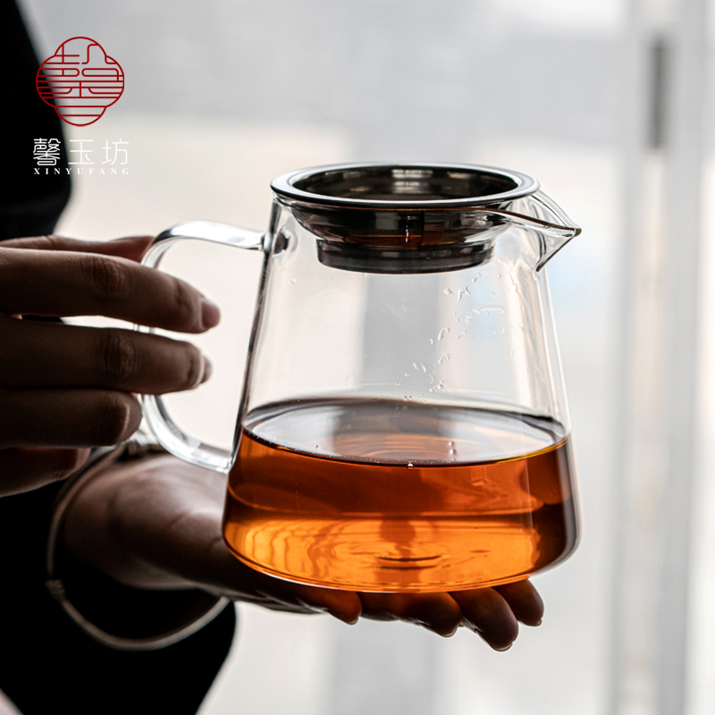 馨玉坊透明玻璃公道杯带不锈钢茶漏一体分茶器功夫茶具茶海茶滤