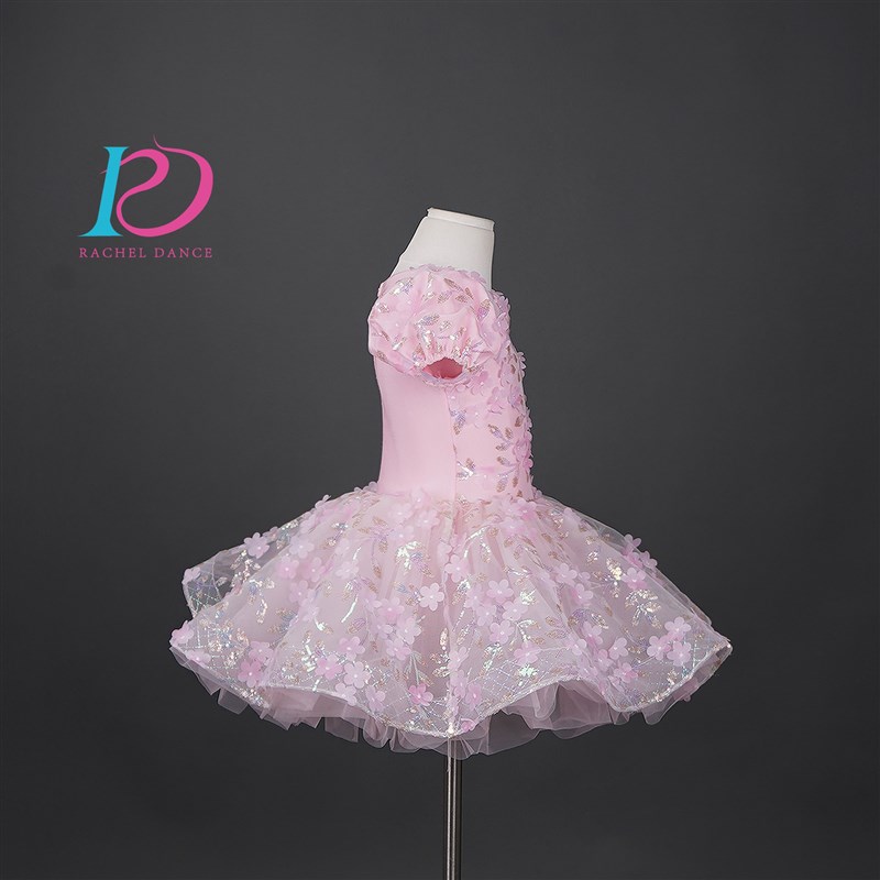 芮其儿新款女童主持人演出服粉色花童蓬蓬纱公主裙文艺表演舞蹈裙