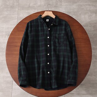 小个子小码中性男女文艺纯棉打底衬衫格子双层棉纱长袖衬衣