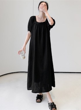 高级感气质休闲裙子2024春夏季新款大码宽松显瘦长款短袖连衣裙潮