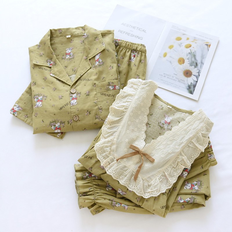 情侣纱布睡衣长袖长裤女蕾丝花边套头男翻领家居服春秋卡通兔