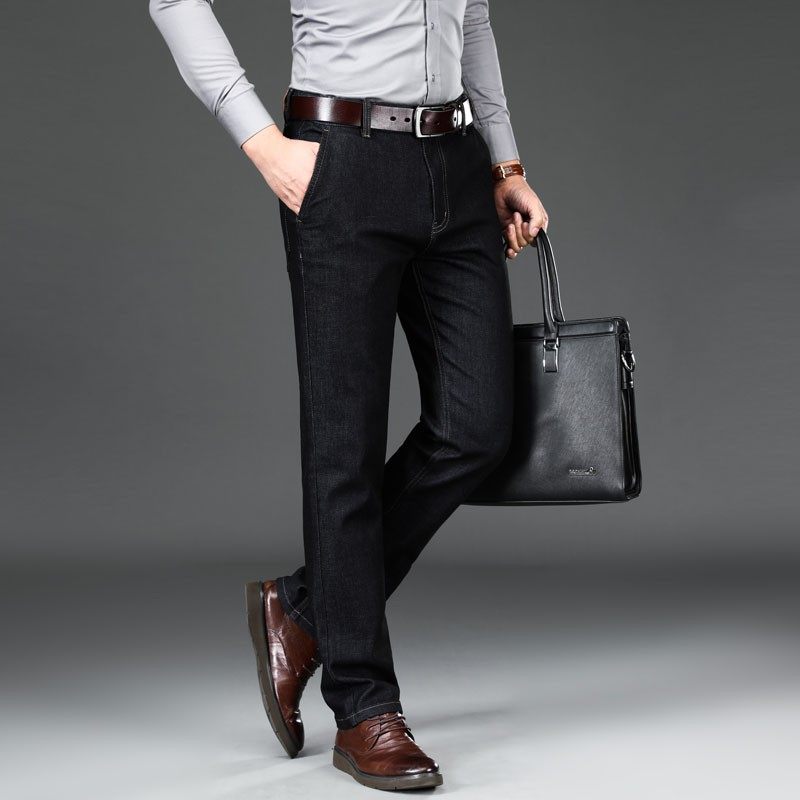 冬季牛仔裤男加绒加厚羊羔绒中老年爸爸高腰直筒宽松弹力秋冬长裤