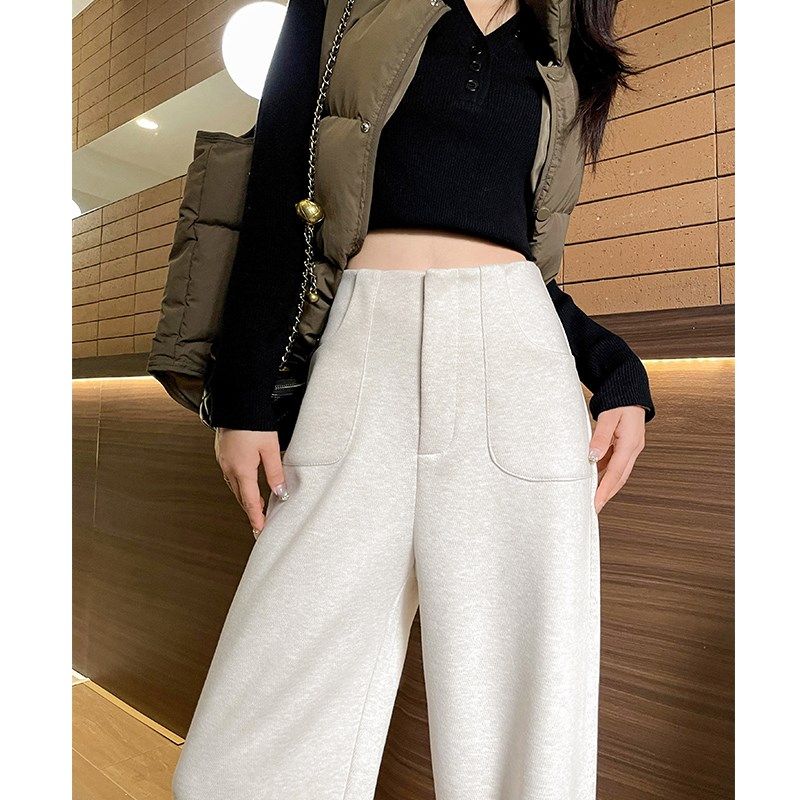 白色窄版阔腿裤女秋冬加绒高腰垂感羊毛呢高级感西装裤休闲直筒裤