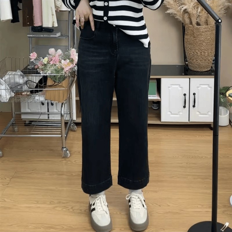 秋冬百搭新款梨形身材高腰直筒牛仔裤女大码胖mm显瘦弹力阔腿裤子