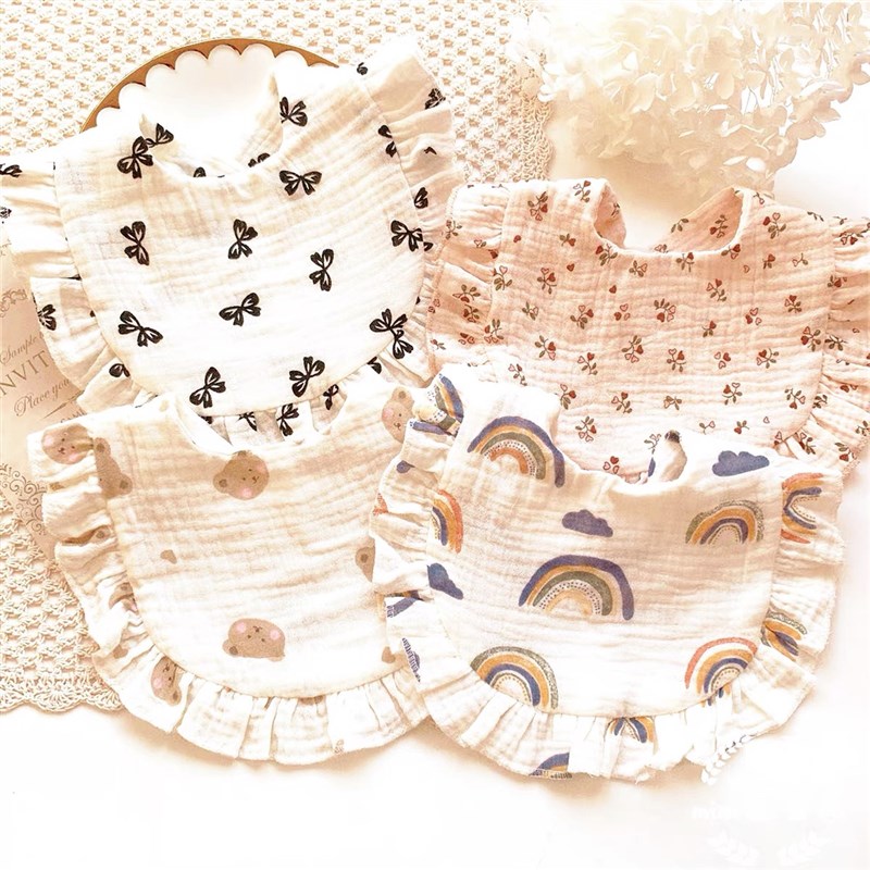 婴儿棉纱布花边公主口水巾宝宝围嘴柔软透气吸水饭兜可爱花朵围兜