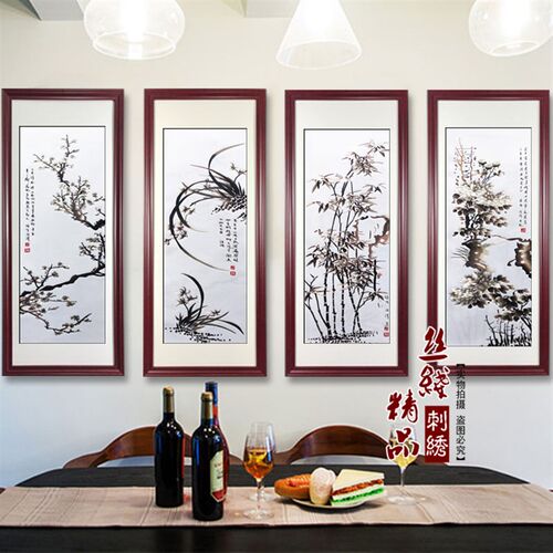 成品挂画 竖画 客厅条屏刺绣 梅蓝竹菊 春夏秋冬 山水