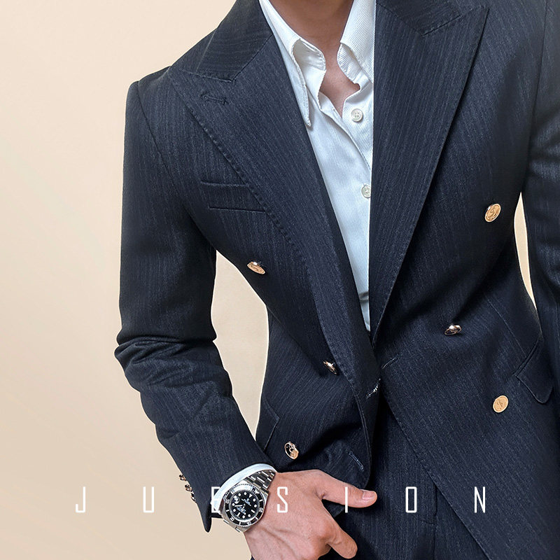 JUESION 西服套装男士高级感双排扣修身条纹新郎结婚正装西装礼服,男装,西服套装,淘宝优惠券,粉丝福利购,淘宝优惠卷