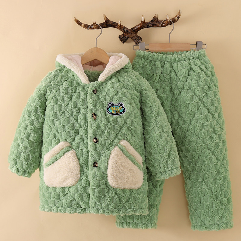 冬季儿童睡衣男童冬天加绒加厚款男孩中长版三层夹棉宝宝发热衣裤