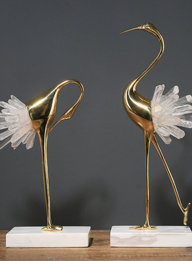纯铜轻奢水晶仙鹤摆件样板房客厅电视柜桌面玄关摆设家居装饰品