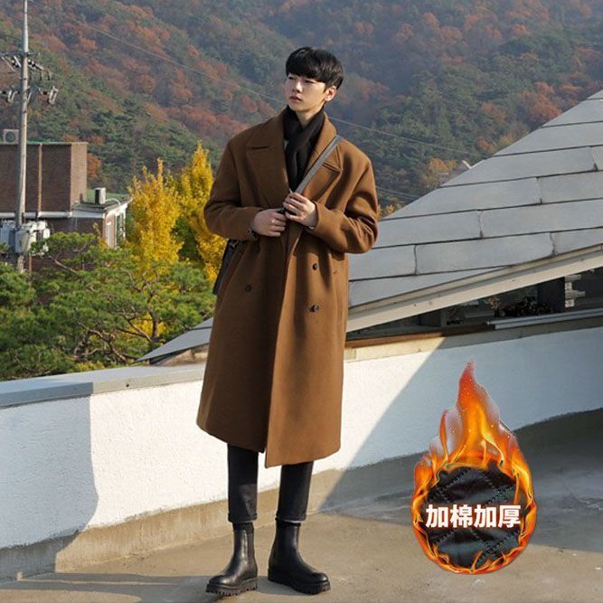 韩版毛绒大衣男长版双排扣中长版风衣男士秋冬季加厚过膝呢子外套