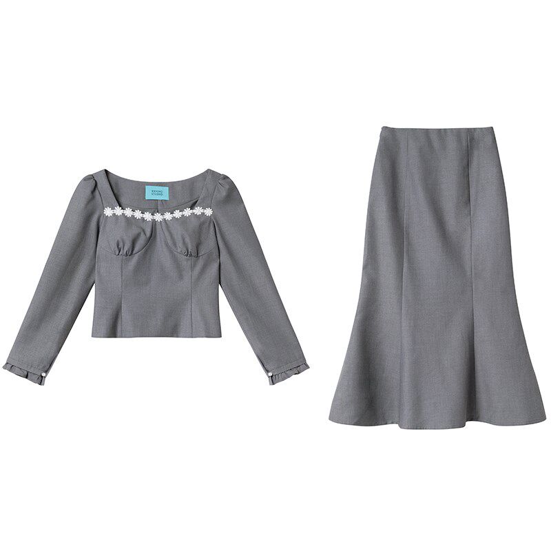 XXNING 法式撞色花边上衣半裙套装女2025春季新款修身显瘦两件套