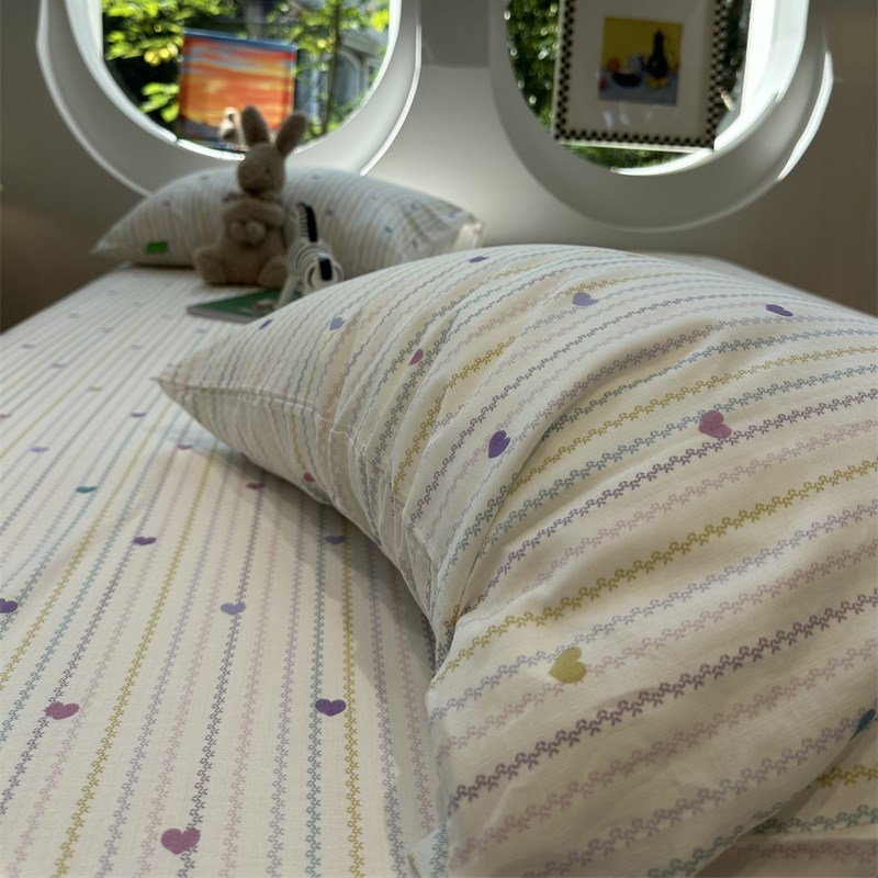 彩色条纹爱心双层纱床笠床单单件1.35m母婴级保护套宿舍床罩