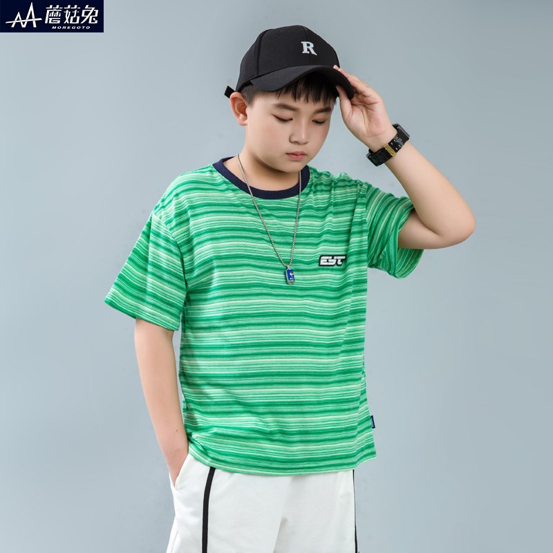 大男童条纹T恤短袖夏季薄款宽松青少年胖男孩半袖时尚初中生15岁