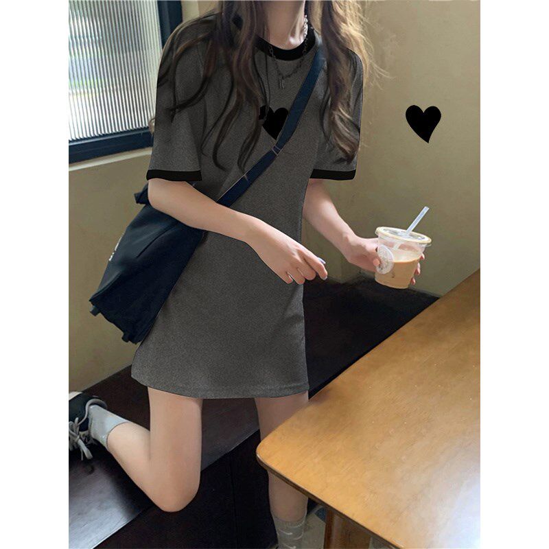 欧货小众撞色休闲短袖T恤裙女夏装小个子气质收腰修身连衣裙女