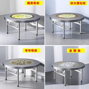 不锈钢转盘圆桌子内置彩图可折叠家用餐桌商用餐饮酒席饭桌免安装