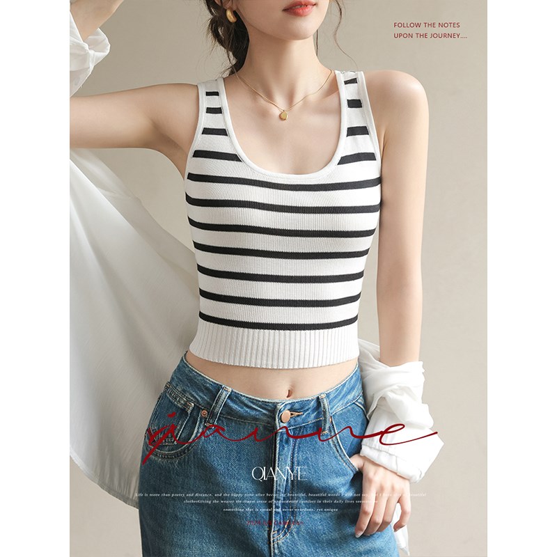天丝吊带背心女2025新款夏季外穿短款无袖上衣莱赛尔黑白条纹内搭