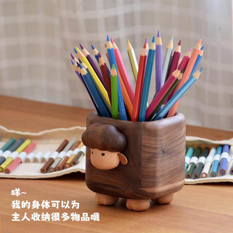 小羊笔筒创意桌面收纳盒北美黑胡桃木可爱摆件办公室文具用品收纳
